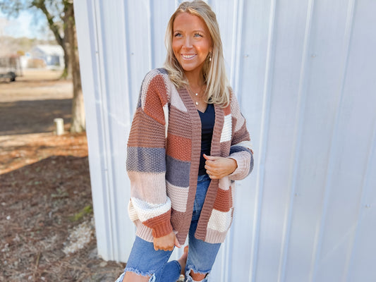 Multi Color Checker Block Sweater Cardigan - Mocha Brown Combo