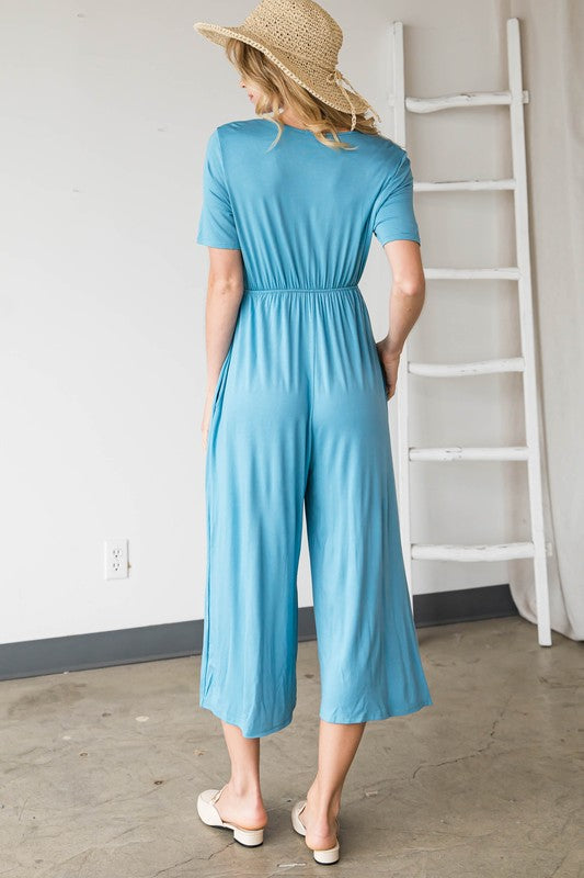 V-Neck Short Sleeve Jumpsuit - Denim