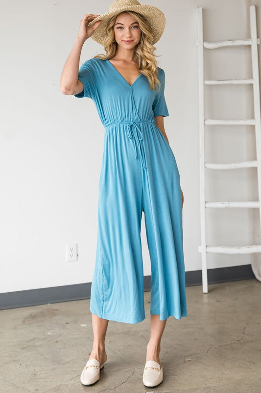 V-Neck Short Sleeve Jumpsuit - Denim