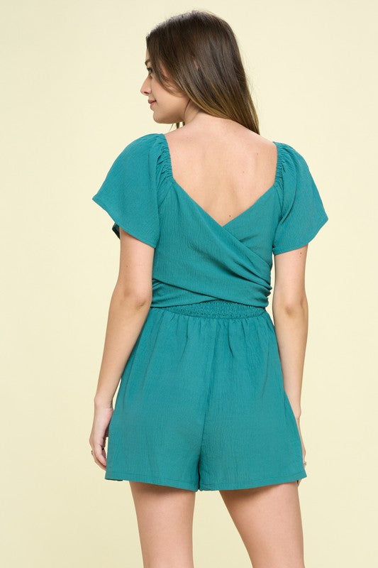 Solid Woven Wrap Bodice Romper