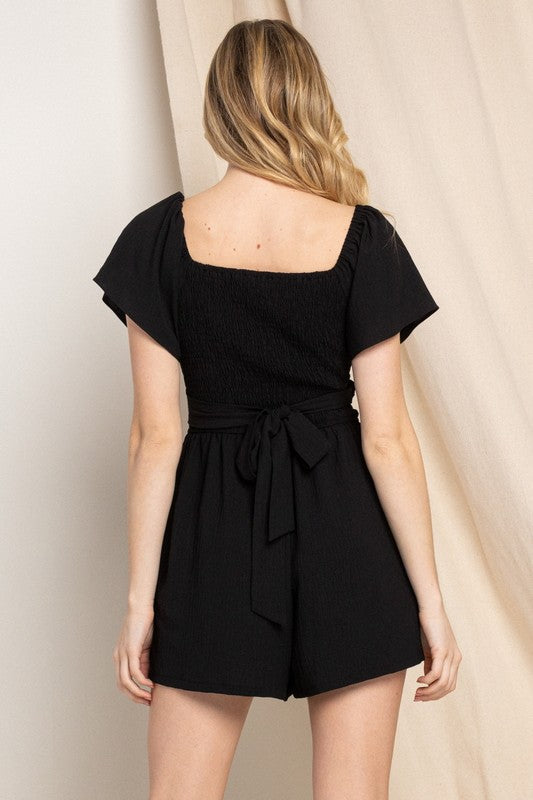 Solid Woven Wrap Bodice Romper