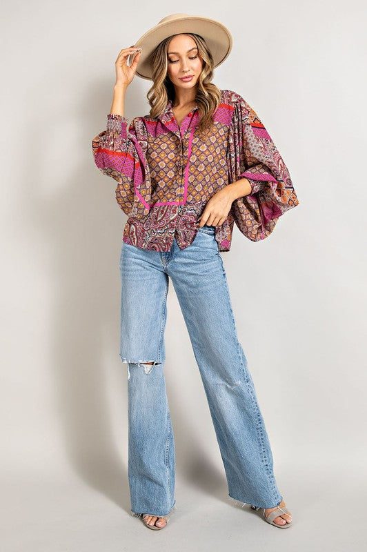 Boho Puff Sleeve Top - Fushcia Multi
