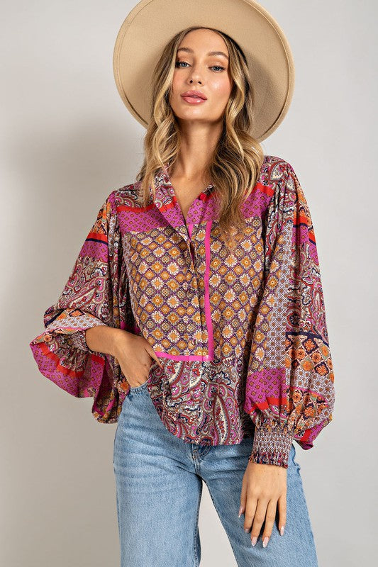 Boho Puff Sleeve Top - Fushcia Multi