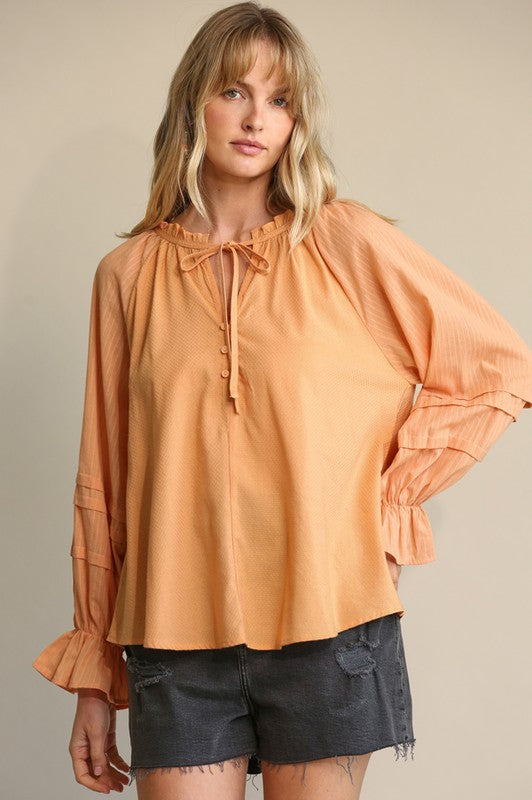 Ruffled Tie Neck and Popover Blouse - Apricot