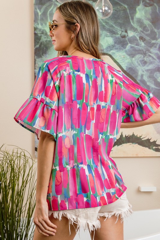Multi Color Paint Print Button Detail Ruffled Top - Fuschia/Blue