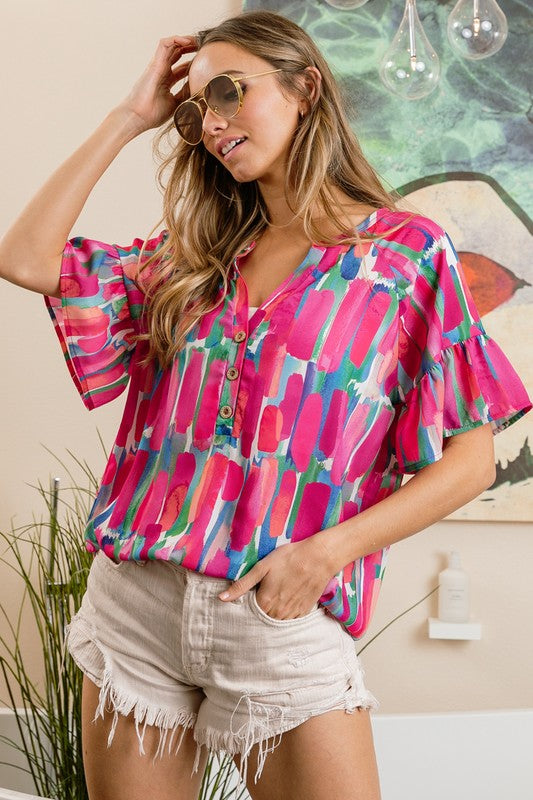 Multi Color Paint Print Button Detail Ruffled Top - Fuschia/Blue