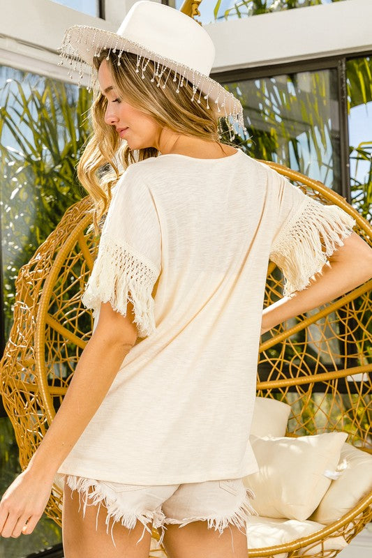 Fringe Lace Detail Sleeves Round Neck Top - Cream