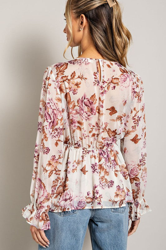 Floral V Neck Blouse Top - Off White