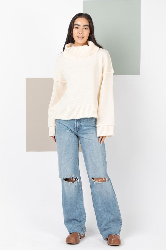 Turtleneck Solid Cozy Sweater Top - Cream