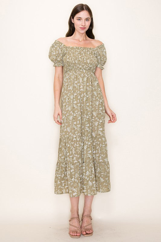 SS Puff Square Neck Smocked Top Maxi Dress - Olive