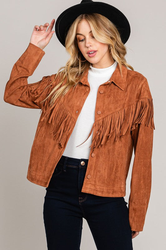 Faux Suede Fringe Detailed Button Down Front Jacket - Caramel