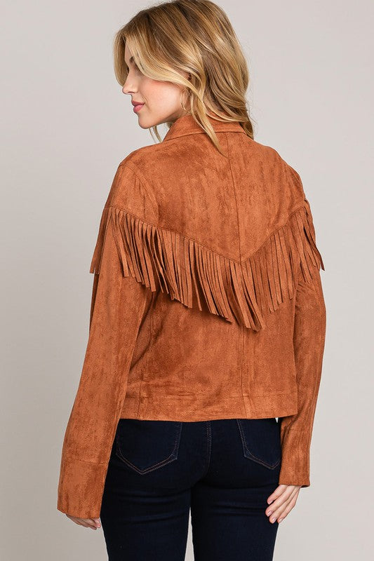 Faux Suede Fringe Detailed Button Down Front Jacket - Caramel