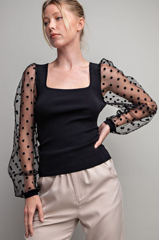 Polka Dot Square Neck Top - Black