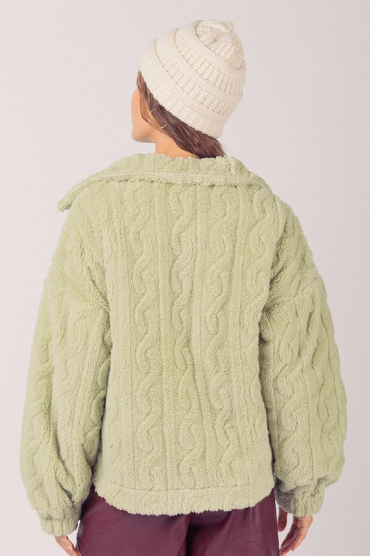Cable Pattern Soft Fleece Fur Shacket Jacket - Sage