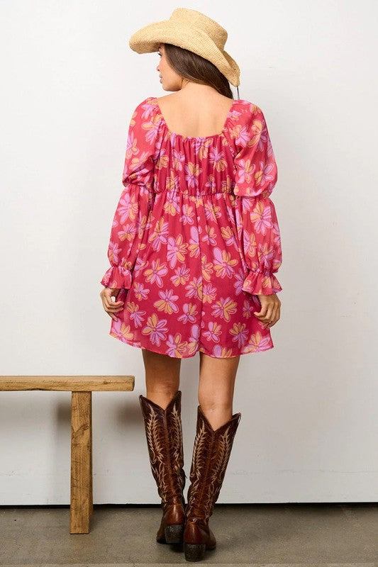 Floral v-neck elasticized long-sleeve dress - Berry