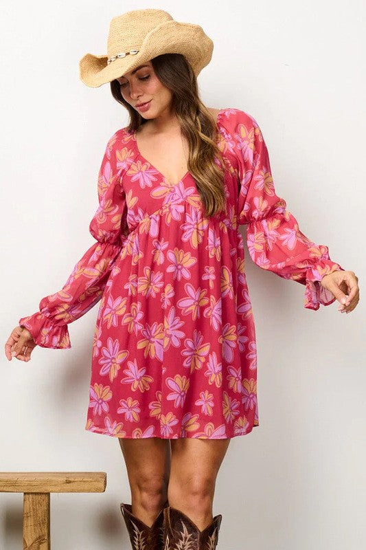 Floral v-neck elasticized long-sleeve dress - Berry