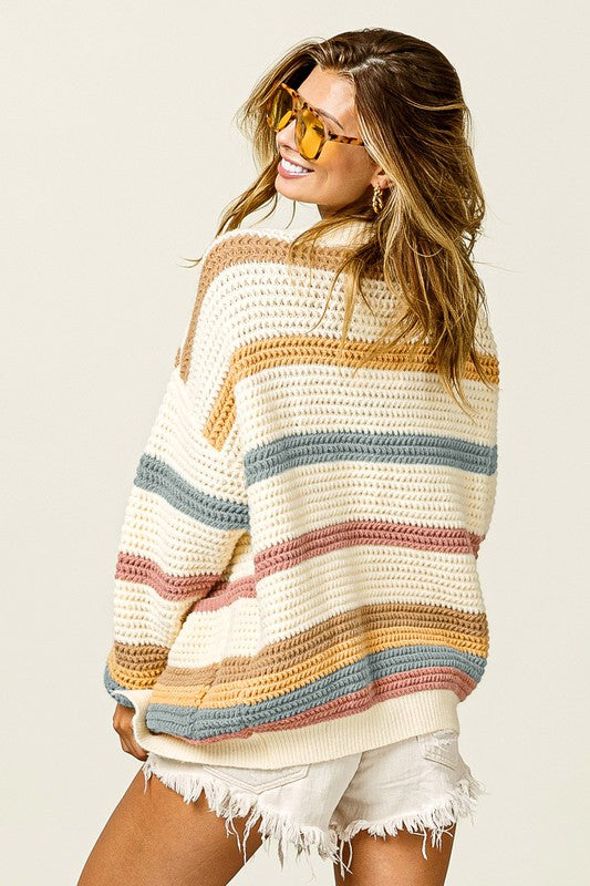 Multi Colors Stripe Sweater Cardigan - Cream Combo