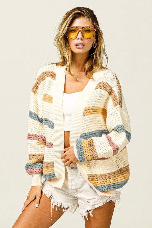 Multi Colors Stripe Sweater Cardigan - Cream Combo