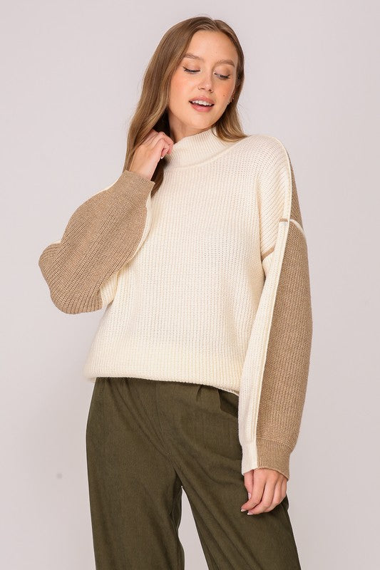 Two Sided Color Block Pullover Sweater - Ivory Taupe