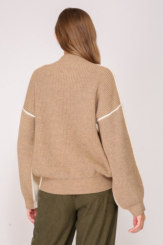 Two Sided Color Block Pullover Sweater - Ivory Taupe