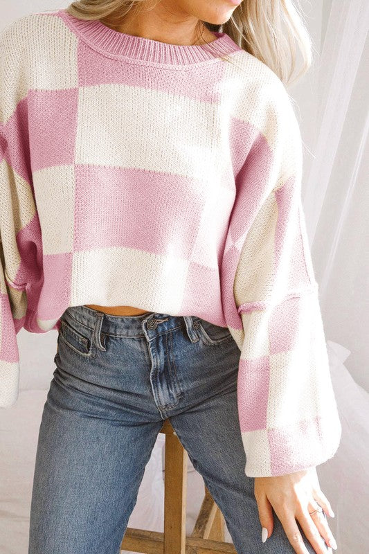 Pink Checkered Bishop Sleeve Sweater - Pink