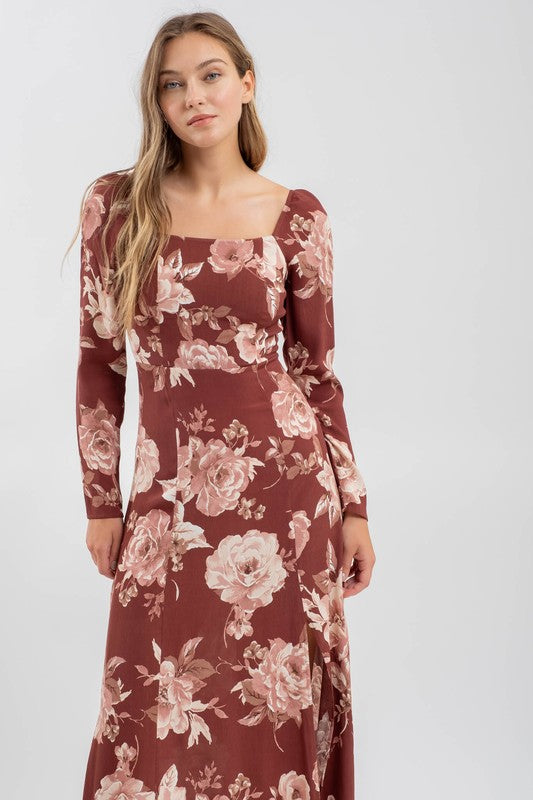 Floral Square Neck Long Sleeve Midi Dress - Burgundy