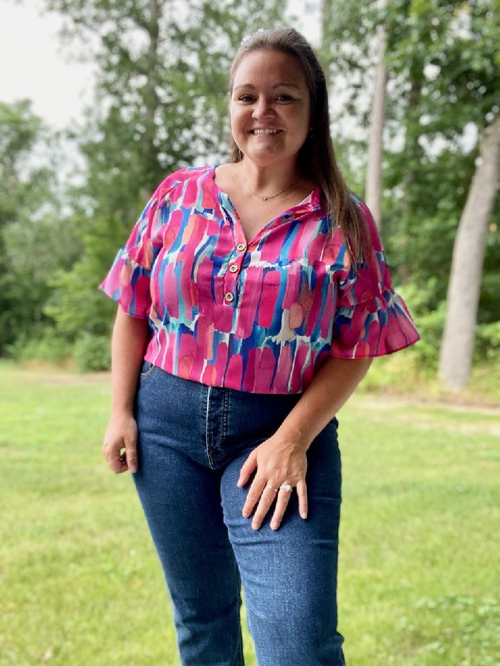 Multi Color Paint Print Button Detail Ruffled Top - Fuschia/Blue