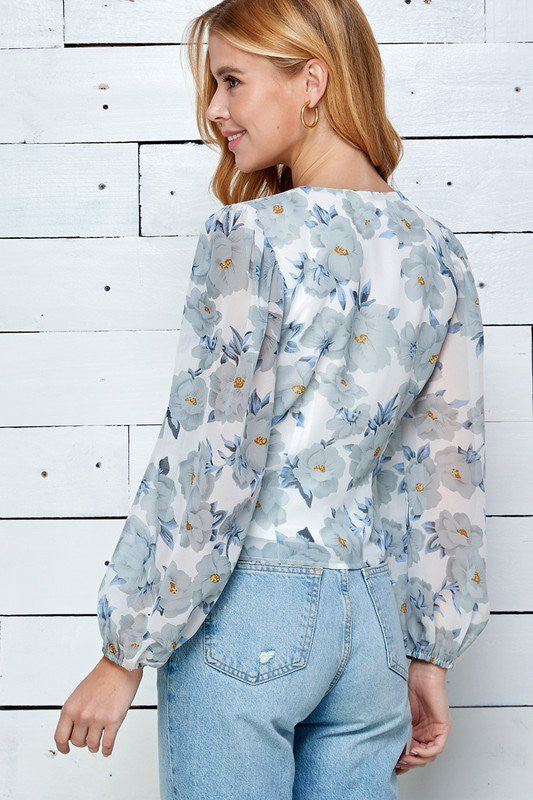 Flower Print Ruched Blouse - White Blue Floral