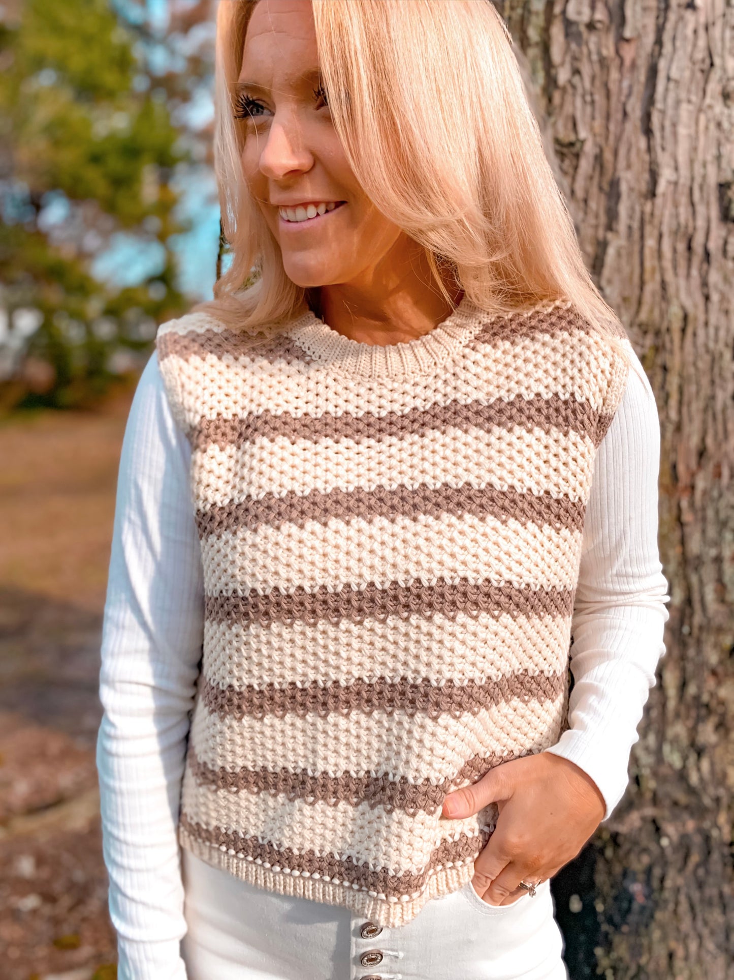 Chunky Stripe Sleeveless Sweater Top - Affogato (Latte)
