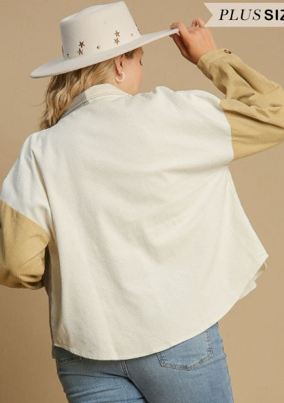 Curvy Colorblock Button Down Jacket - Grey/Taupe