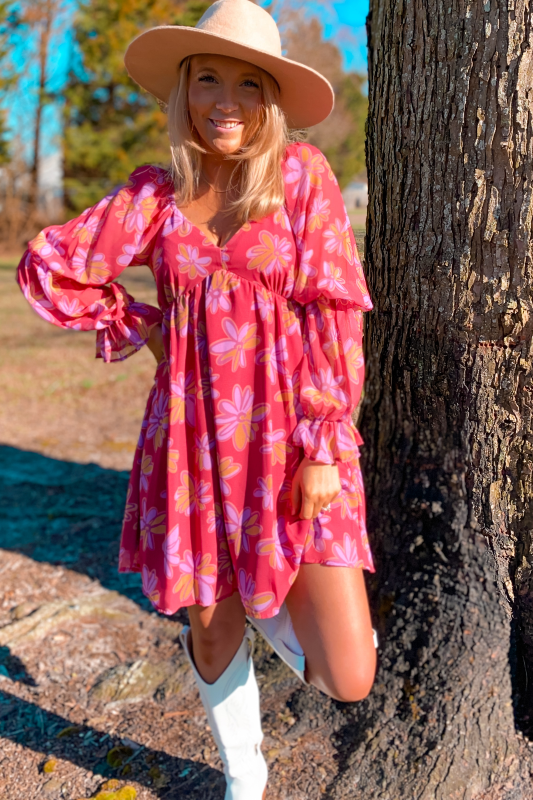 Floral v neck elasticized long sleeve dress Berry Coastal Loft