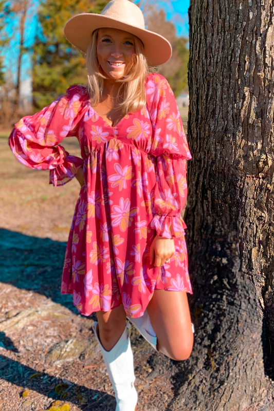Floral v-neck elasticized long-sleeve dress - Berry