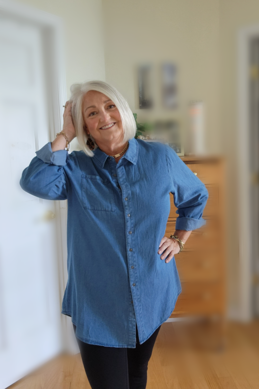 Denim Chambray Button Up Long Sleeve Top