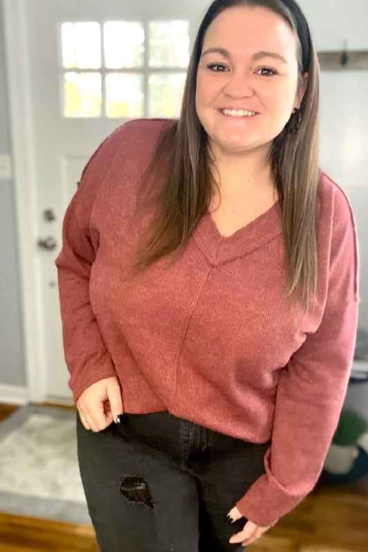 Curvy Corded Melange Hacci V Neck Knit Top - Mauve