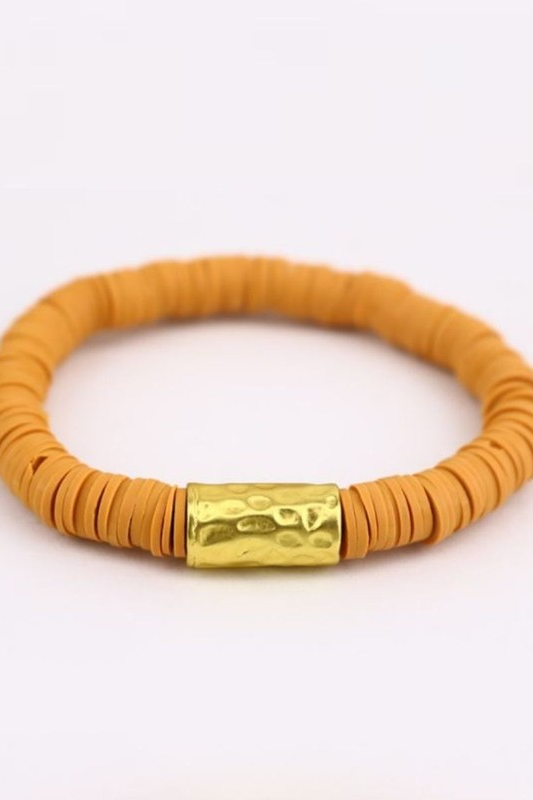 Boho Heishi Bracelets with Gold Hammered Tube - Sandy Brown