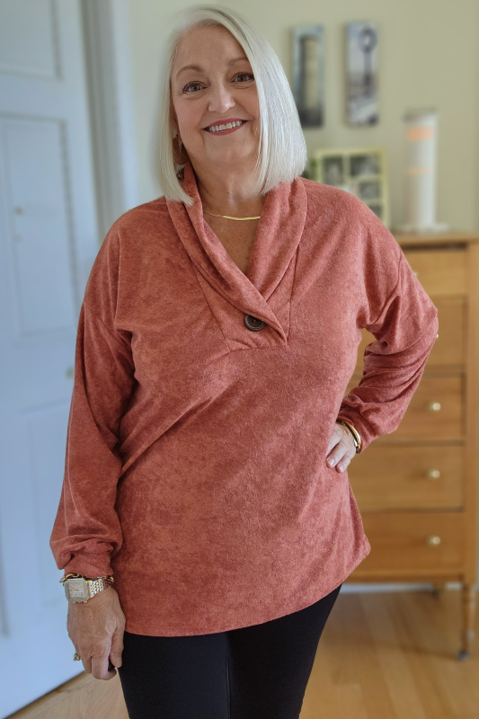 Loop Terry Knit Top With Buttoned Collar - Rust