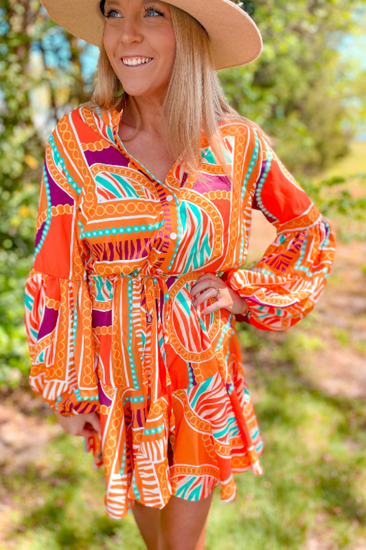 Orange Print Adjustable Balloon Sleeve Dress - Orange Multi