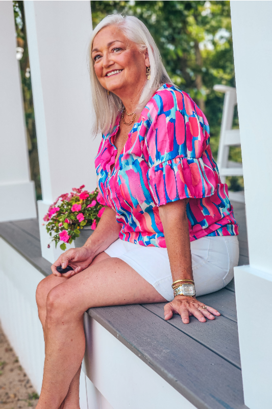 Multi Color Paint Print Button Detail Ruffled Top - Fuschia/Blue