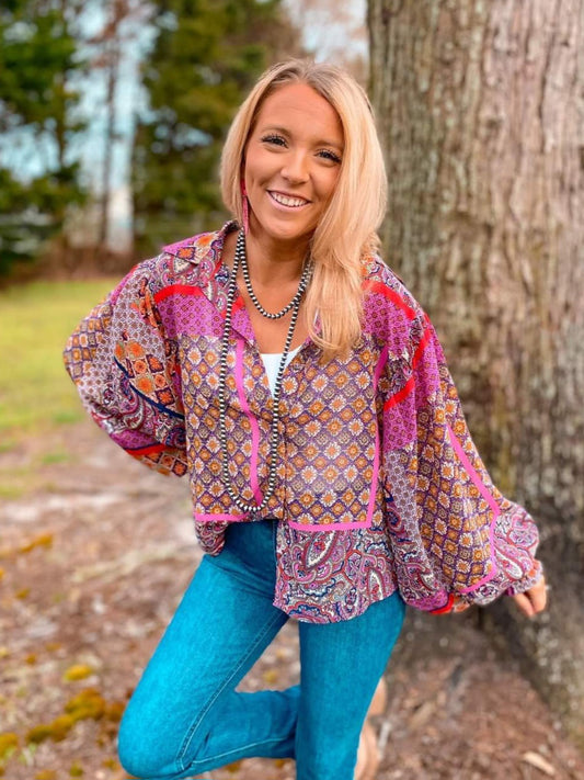 Boho Puff Sleeve Top - Fushcia Multi