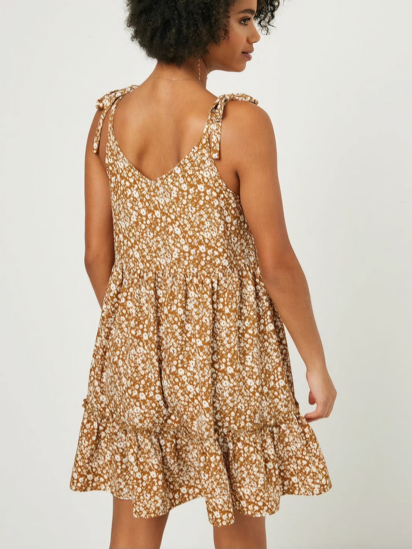Ruffle Tiered V-Neck Tie Shoulder Mini Dress - Camel