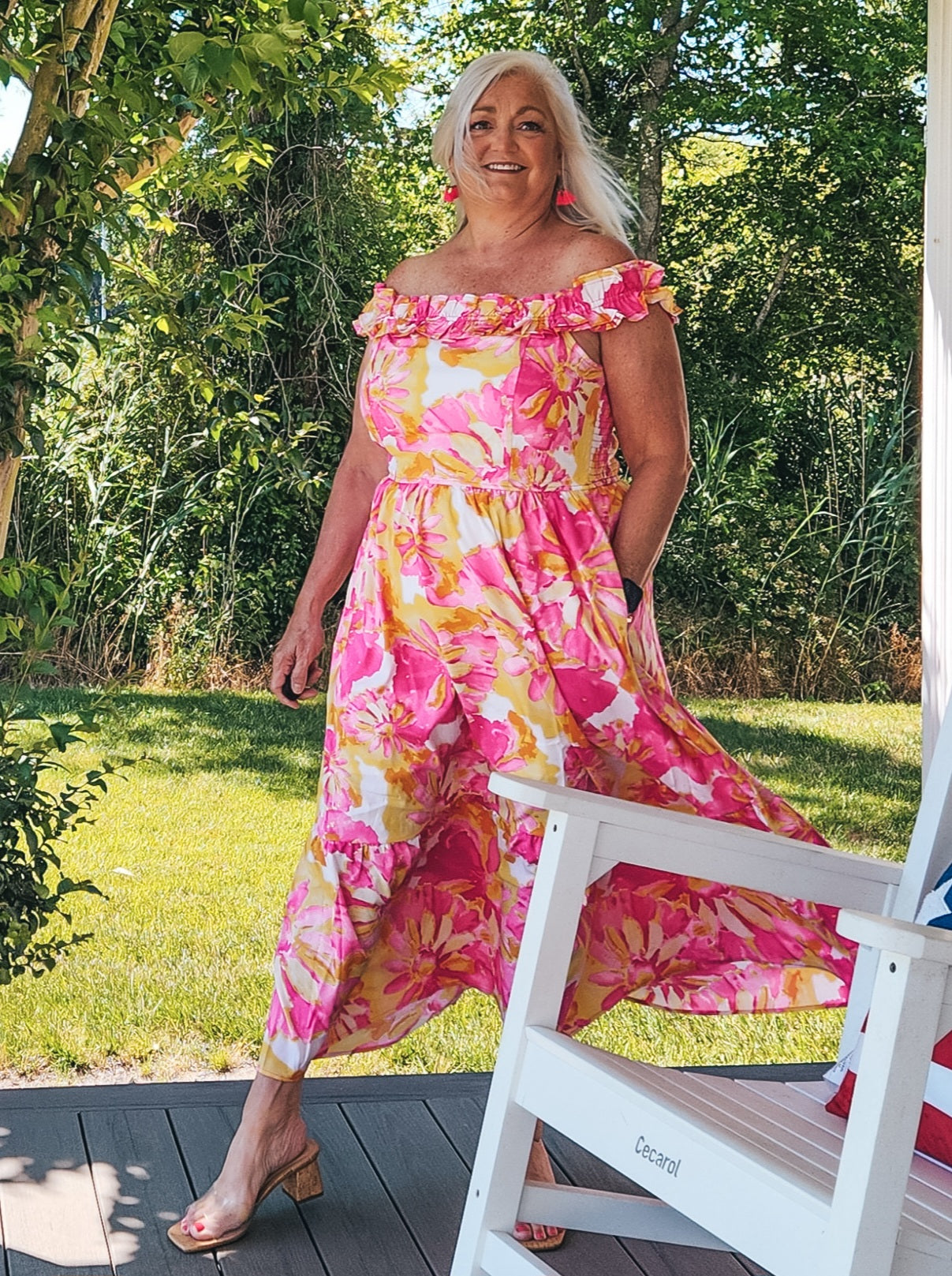 Double Ruffle Off Shoulder Midi Dress Pink – Coastal Loft