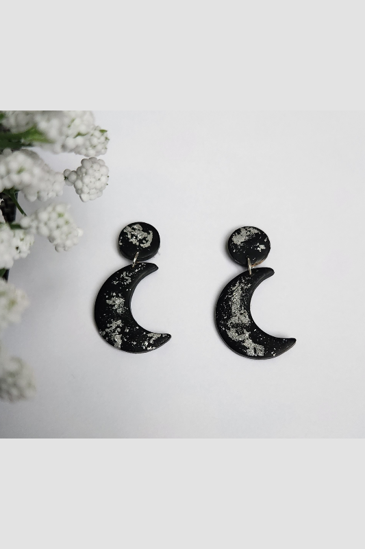 Simply Saige Moon Studs - Black Silver Flake