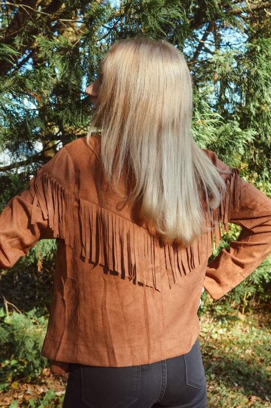 Faux Suede Fringe Detailed Button Down Front Jacket - Caramel