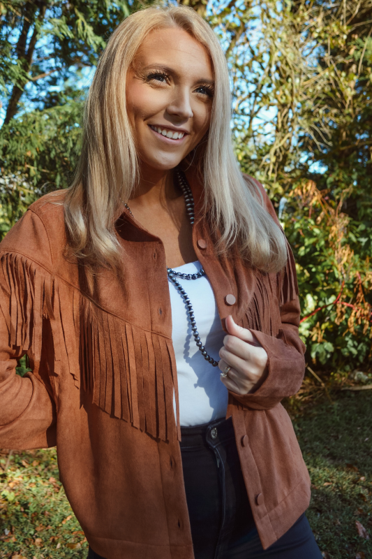 Faux Suede Fringe Detailed Button Down Front Jacket - Caramel
