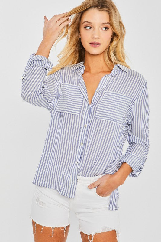 Striped Roll Up Sleeve Button Down Blouse Shirts - Blue