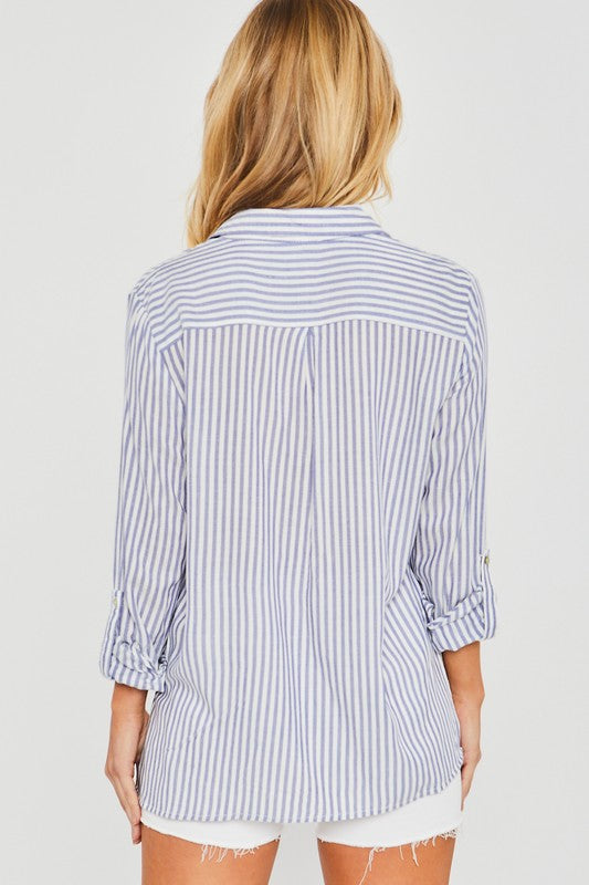 Striped Roll Up Sleeve Button Down Blouse Shirts - Blue
