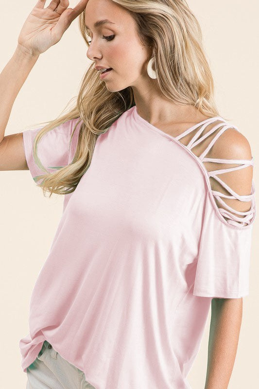 Strap detail one open shoulder jersey knit top - Blush