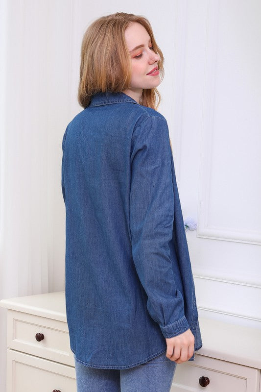 Denim Chambray Button Up Long Sleeve Top