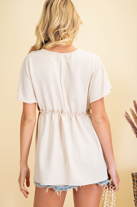 Ruffle Edge Supliced Woven Top - Oatmeal
