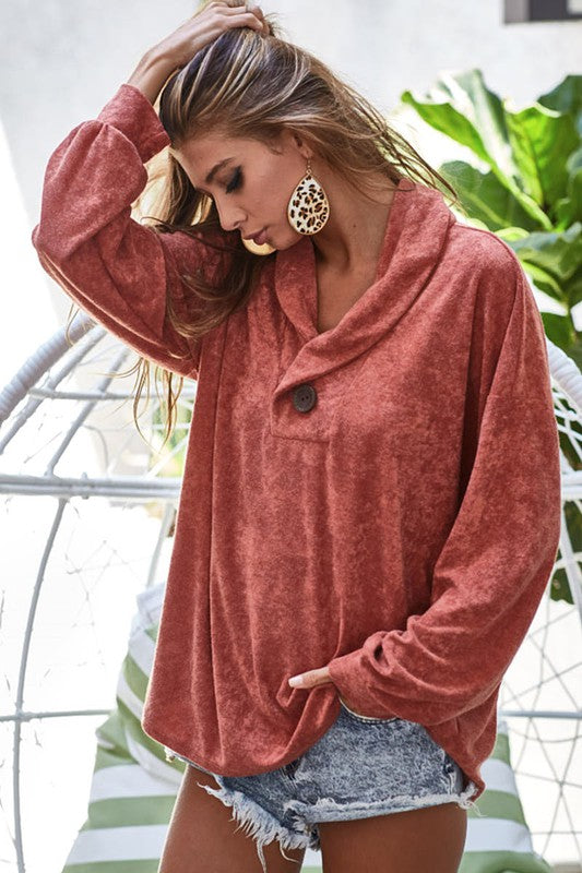 Loop Terry Knit Top With Buttoned Collar - Rust